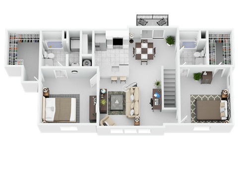 A top-down view of a house layout with a kitchen, living room, and bedrooms.